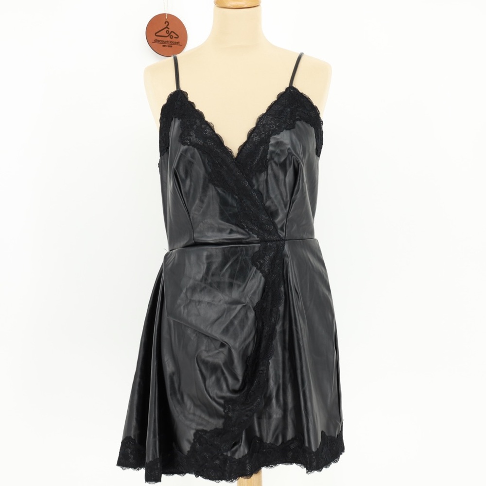 Pinksofa Kiersha Dress Black Faux Leather‎ Faux wrap With Lace Trim Size Large
